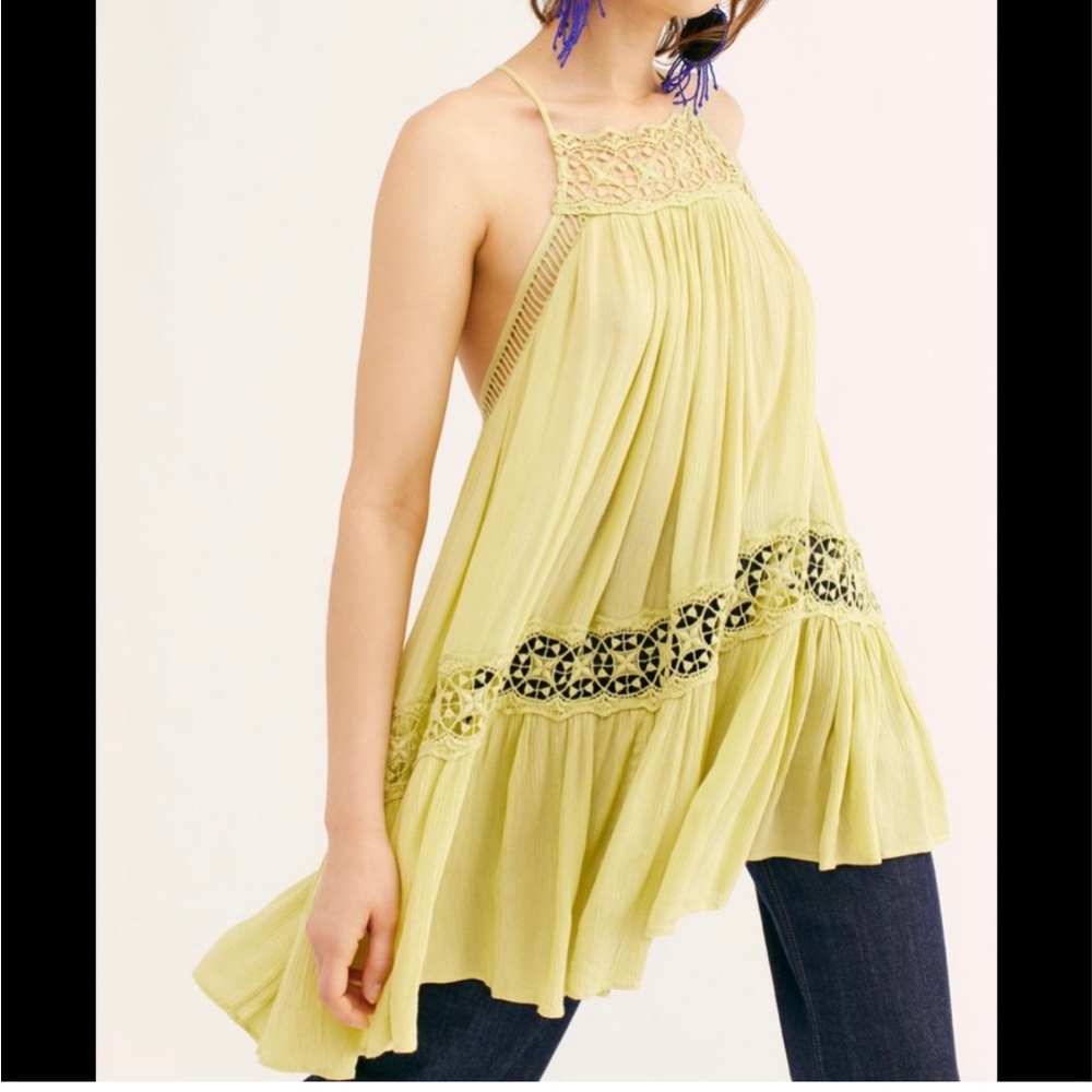 Free People Sky Full of Stars Lime Green Lace Halter Swing Dress Tunic Top - Picture 2 of 11